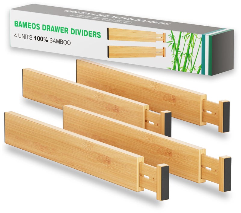 BAMEOS Drawer Dividers kitchen Organization Bamboo Utensil Organizers for Kitchen Bedroom Bathroom Dresser Office 4-pack - Image 1